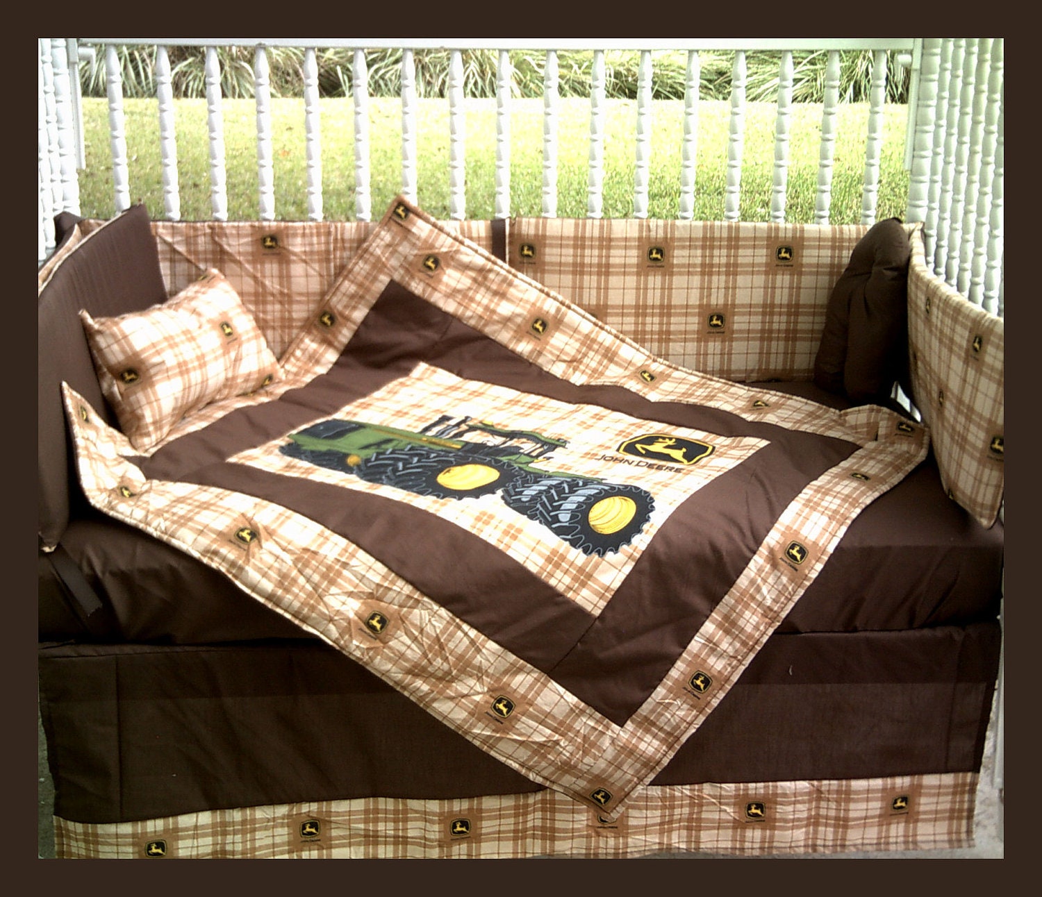 New JOHN DEERE baby crib bedding set in brown Deere plaid fabric and dark brown accent fabric