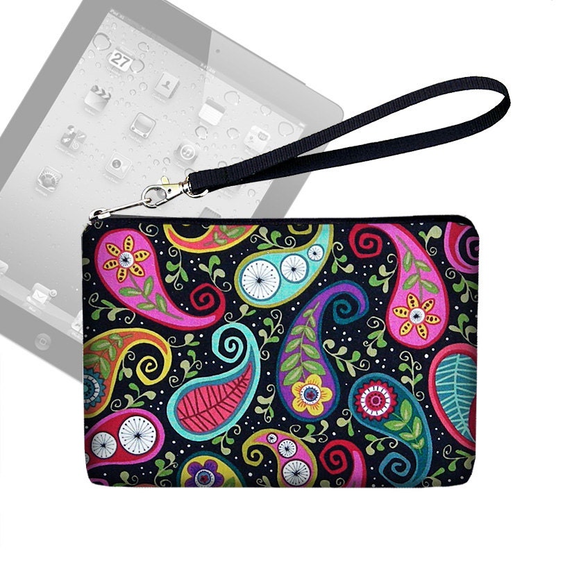 SALE Womens Mini iPad Case / Paisley  Floral iPad Mini Wristlet Purse  / iPad Mini Cover / purple pink black (RTS)