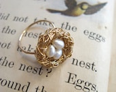 Bird Nest Ring, Goldfill, Freshwater Pearls, Adjustable, Choose 1-5 eggs in the Nest.