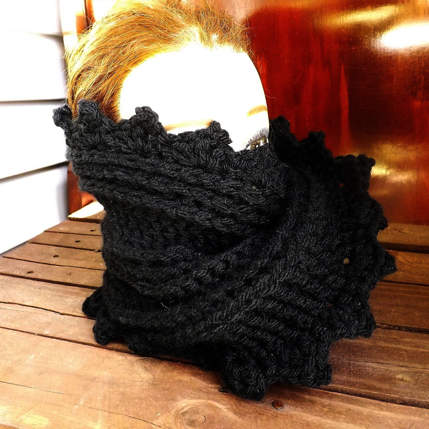 Womens Crochet Scarf -  LAUREN Womens Infinity Scarf - Womens Cowl Scarf in Black with Picots - Wool Scarf Women - Crochet Scarf Women