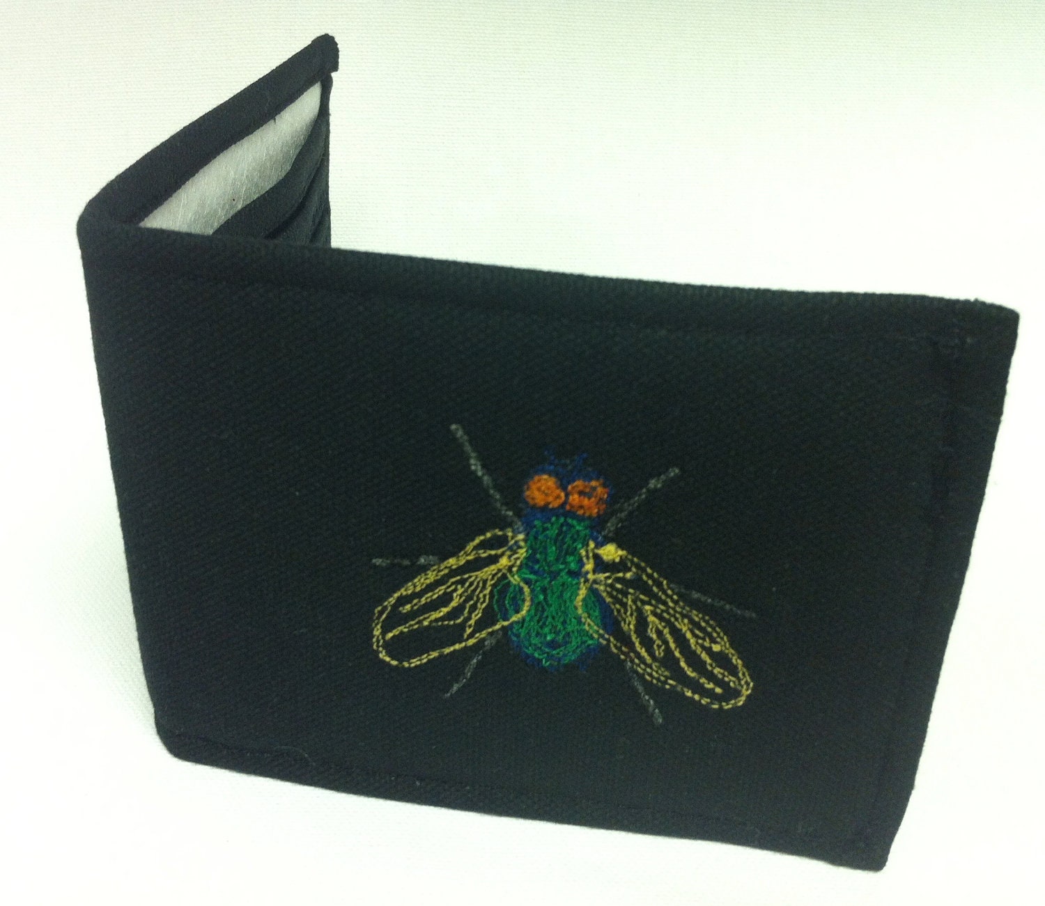 Fly WALLET, OOAK, REady to SHIP, unisex, black canvas with hand embroidered fly on front