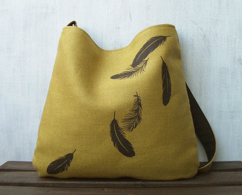 Hemp Messenger Bag - Falling Feathers - Screenprint - Honey Mustard