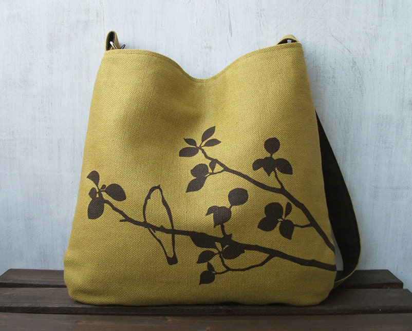 Hemp Tote Bag - Handbag - Messenger Bag with Bird on Tree - Golden Mustard