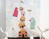 Original Rabbit Animal Painting , Collage Mixed Media Acrylic Painting , Whimsical Art , Large Painting