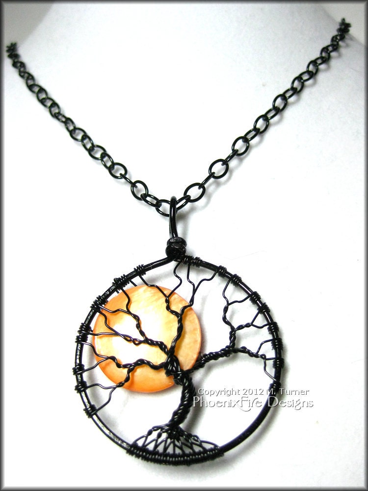 Under A Halloween Moon - Full Moon Tree of Life Pendant Orange Pearl Coin Bead Black Wire Haunted Forest Harvest Moon Jewelry Design Star