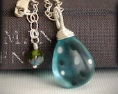 London Blue Topaz Necklace Pendant - Wire Wrapped Large Teardrop, Vintage Bead, Sterling Chain