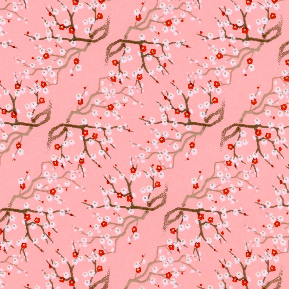 Chiyogami or yuzen paper - wispy branches of mini cherry blossoms - red and white on pink, 9x12 inches