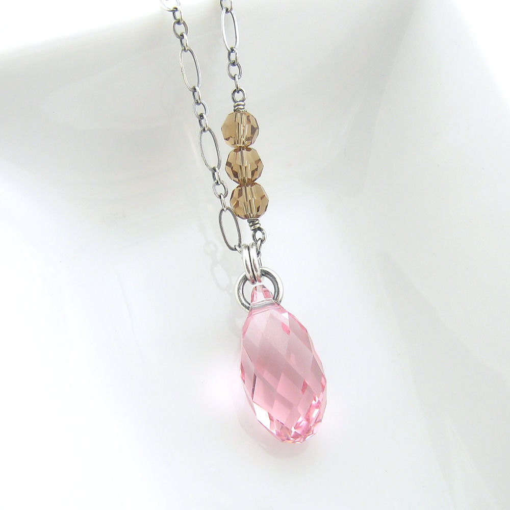 Swarovski Crystal Necklace Sterling Silver Wire Wrapped Light Rose Pink Brown Smoked Topaz Fashion Jewelry - Held Within No. 12