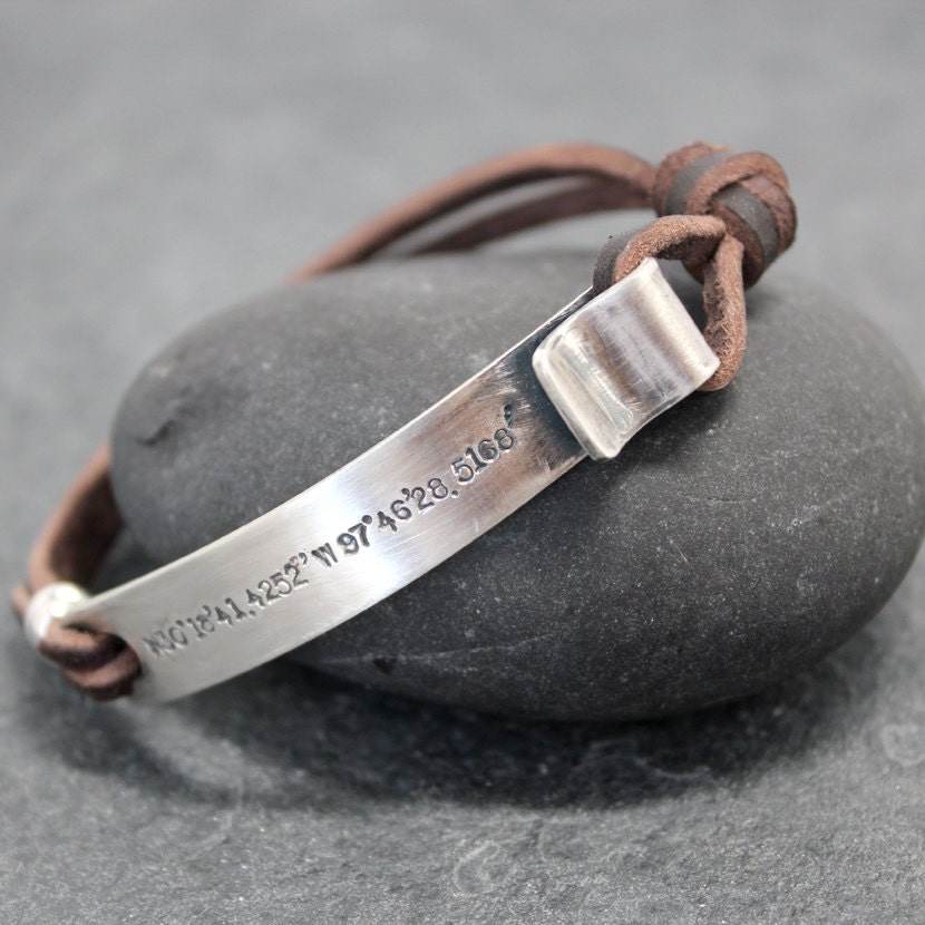 THE POINT,Leather Bracelet, Cuff, Men, id, name, initials,hand stamped,Latitude,Longitude,Sterling Silver,Location, customized, coordinates