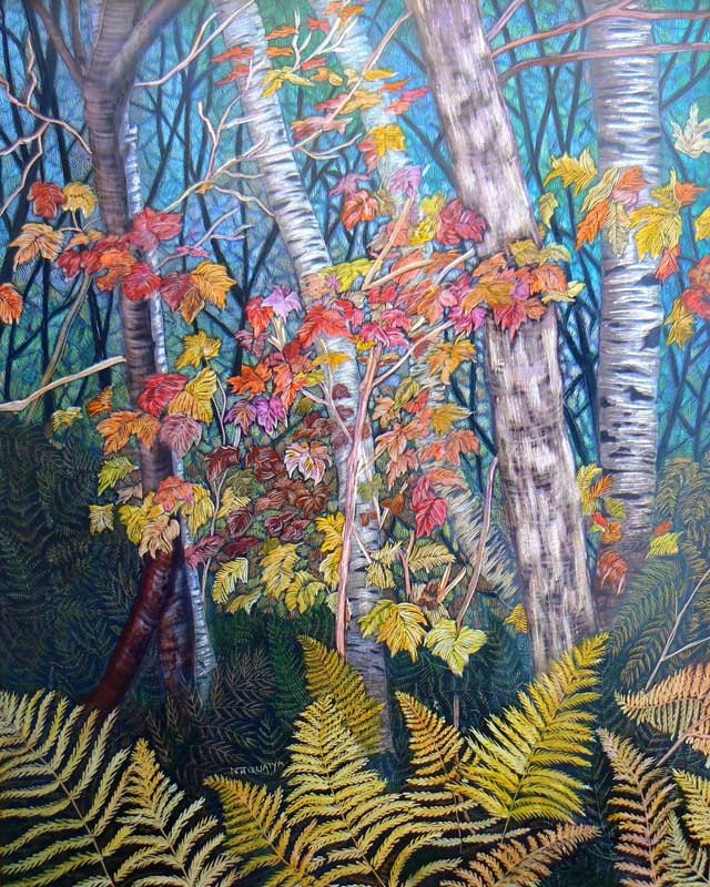 Autumn Leaves, scratchboard drawing
