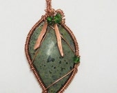 Copper Wire Wrapped Epidote and Basalt and Copper stone Pendant