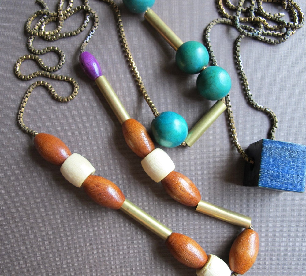 Wood Geometric Necklace, Vintage Beads, Square Round Oval, Brass Tube Beads Layering Necklace Geometric Jewelry by Glamourpuss