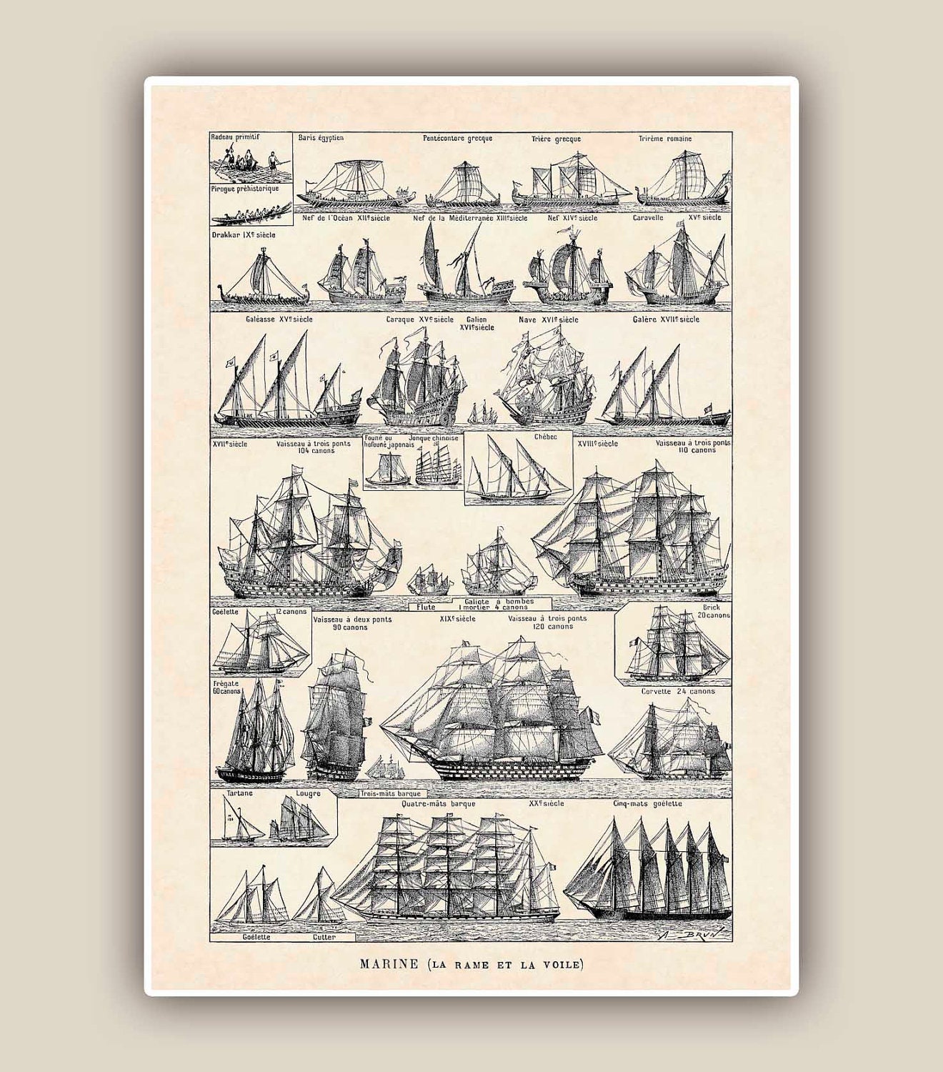 Nautical Print, Vintage sail and row boat images, Seaside  11''x14'' Prints, Marine Wall Decor, Beach cottage decor, Coastal beach artwork