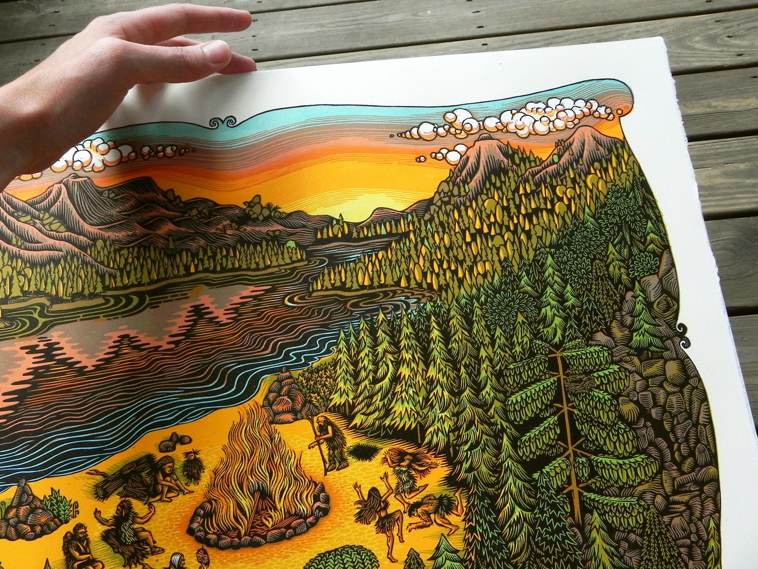 BONFIRE Woodcut Print
