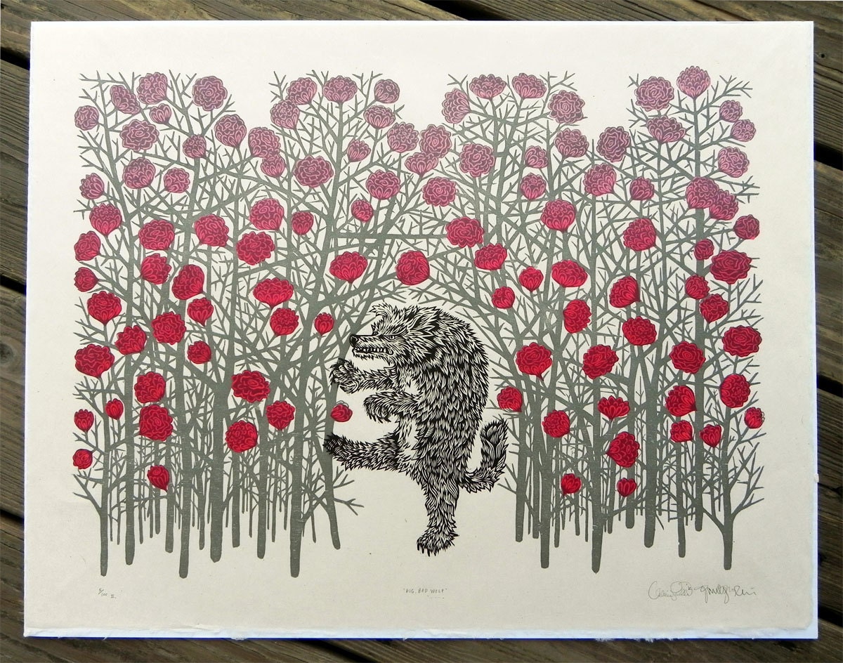 BIG BAD WOLF Woodcut Print, Woodblock Print