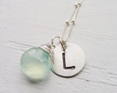Personalized Initial Disc Necklace w/ Aqua Chalcedony