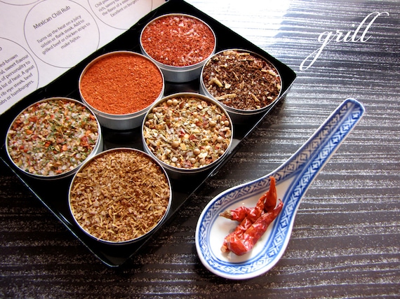 gourmet BBQ rubs kit for red meat and burgers - the perfect gift for him - 6 containers in a gift box