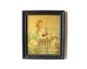 Antique Lithograph Wood Frame - Victorian Girl - The Pet Lamb - Farmhouse Sheep -  Circa 1881