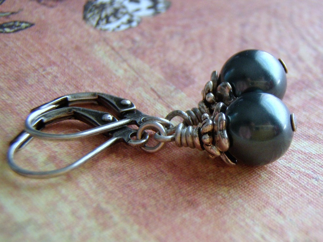 Ocean Blue Pearl Earrings  Antique silver  Lever Back Ear Wire 8 mm