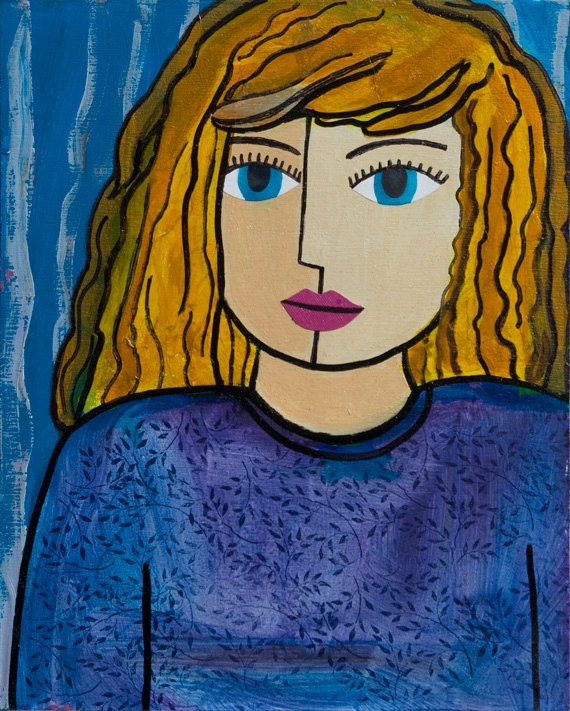 Girl Portrait - Blue Eyes Girl Art - Blond Hair - Whimsical Art - Girls Room Decor - 8 x 10 Original Girl Mixed Media Art