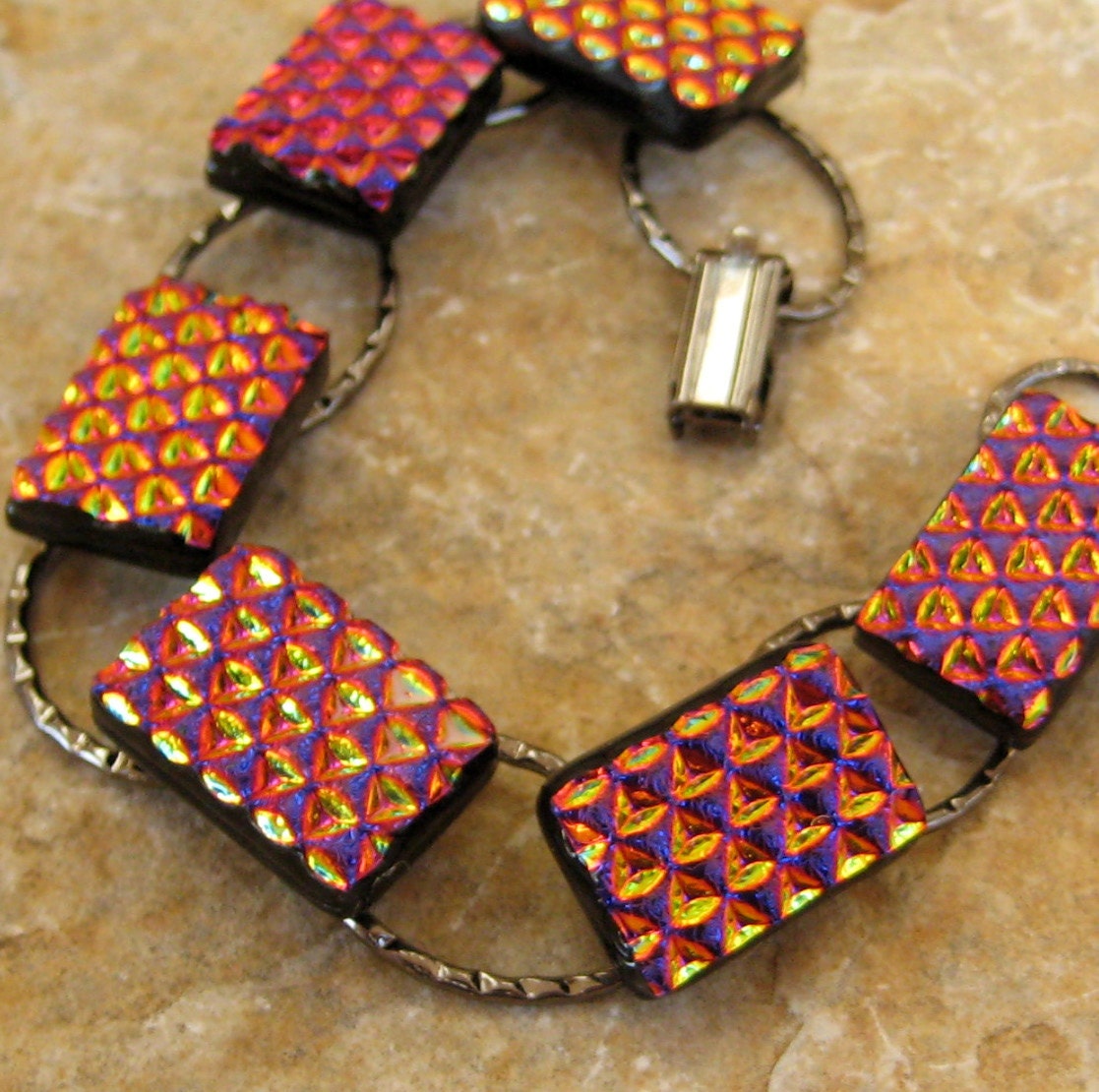 Fused Glass Link Bracelet  Dichroic Fused Glass Link Bracelet, Dichroic Jewlery - Copper and Purple