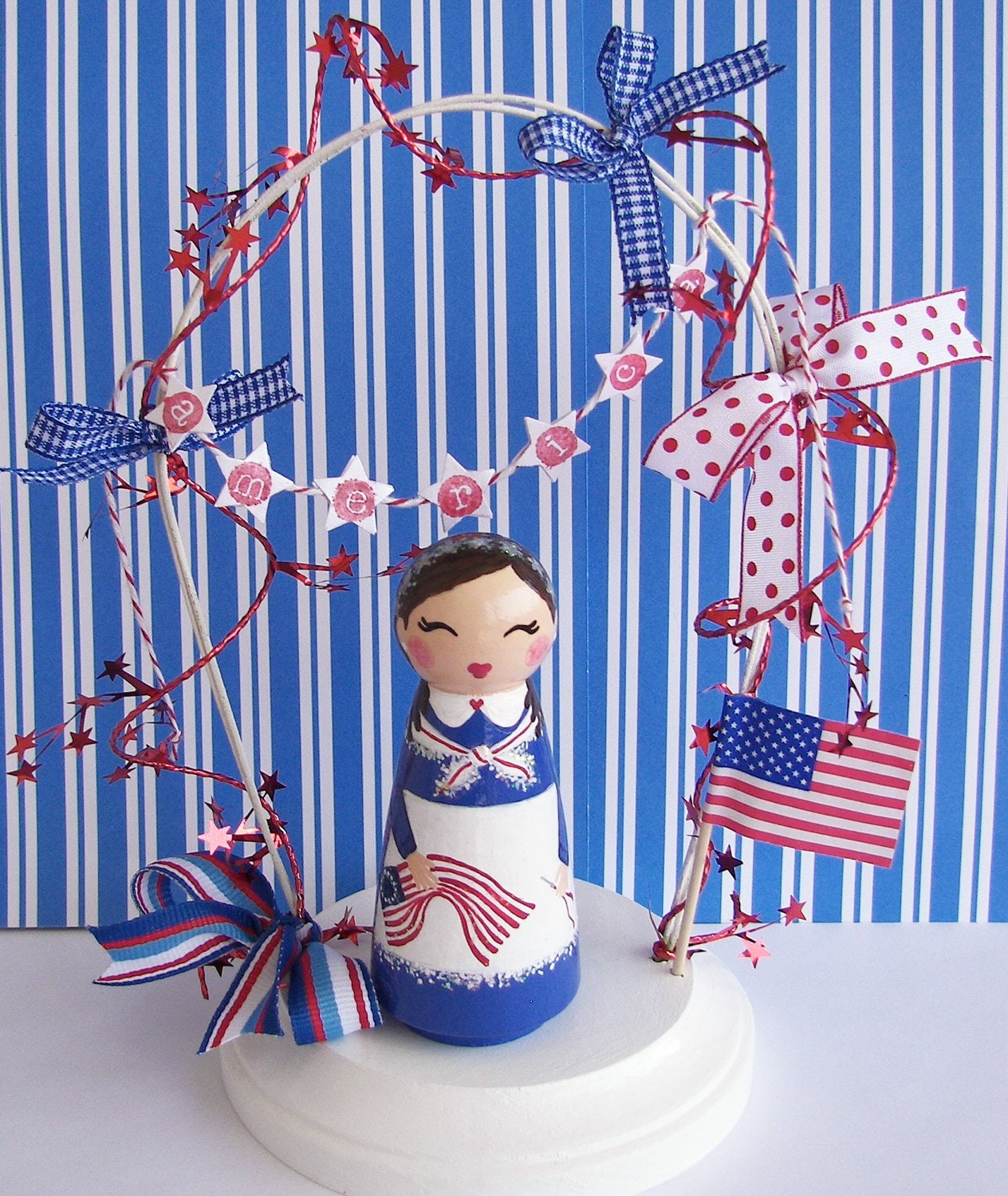 Hand Painted Love Boxes Betsy Ross Peg Doll Wood Stand Bunting