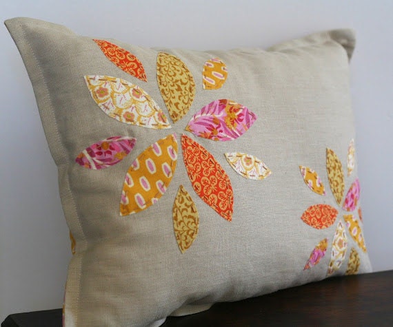 Linen Pillow - Hand Embroidered Orange and Pink Petals - Home Decor - Patchwork