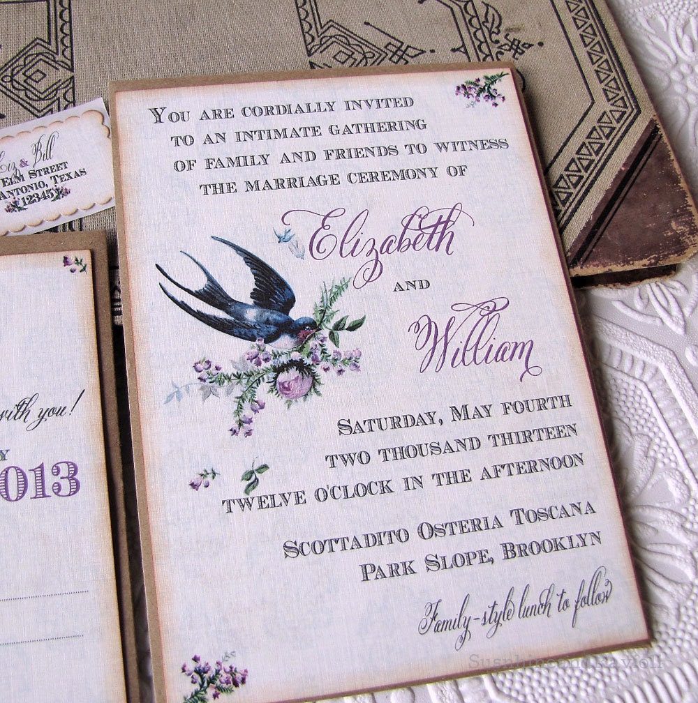 Vintage Wedding Invitation- Barn Swallow and Roses- Garden Wedding