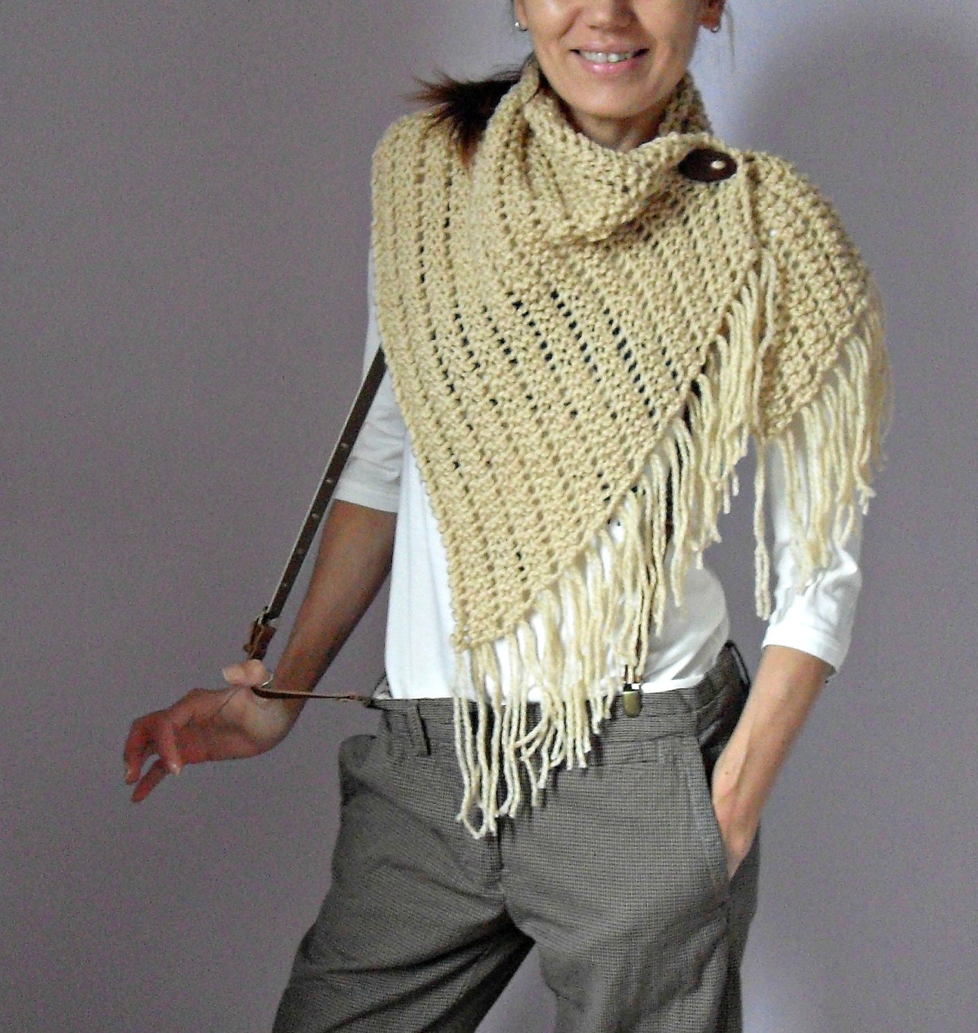 HandKnitted Fringe Cowl/Scarflette Light Brown Beige Cream - Handmade