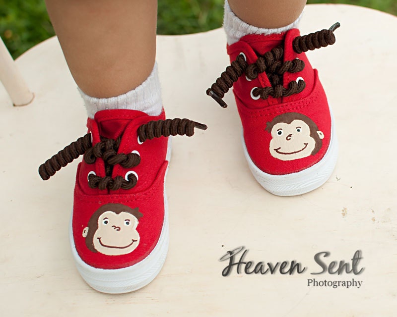 Curious Monkey shoes - Hand painted Monkey Sneakers for girls or boys - baby or toddler on red - Snanimals