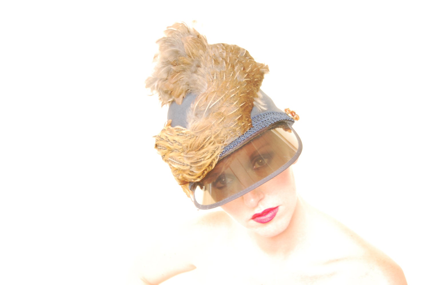 The Bobby: Blue cloche with visor and taxidermy chicken