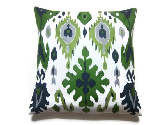 Two Olive Green Navy Blue Charteuse Gray White Ikat Design Pillow Covers Decorative Toss Throw Accent Covers 18 inch pair