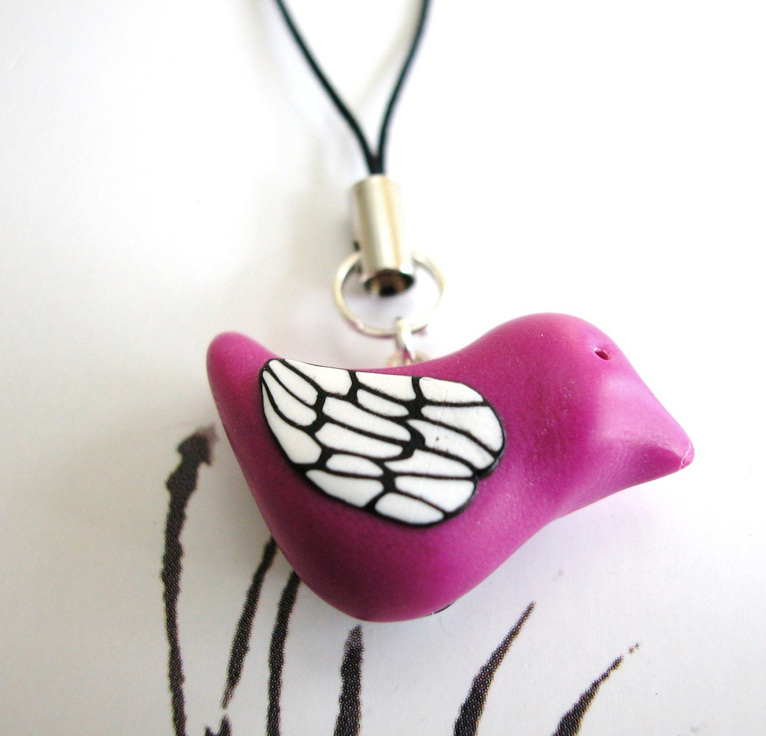 Primitive Bird Charm Cell Phone Lanyard Purple Magenta
