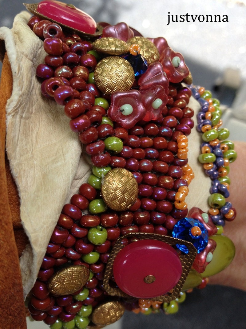 Handmade Beaded Leather Cuff by Vonna Maslanka SRA SRAJD