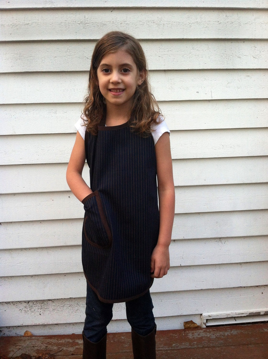 Denim Apron - handmade, boy, girl, jean, brown, pinstripe, cooking, art, child