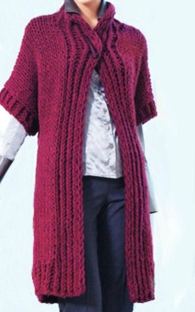 Hand Knit Coat Long Cardigan Kimono Style Jacket  Cable Pattern Merino  Alpaca Wool Chunky Yarn