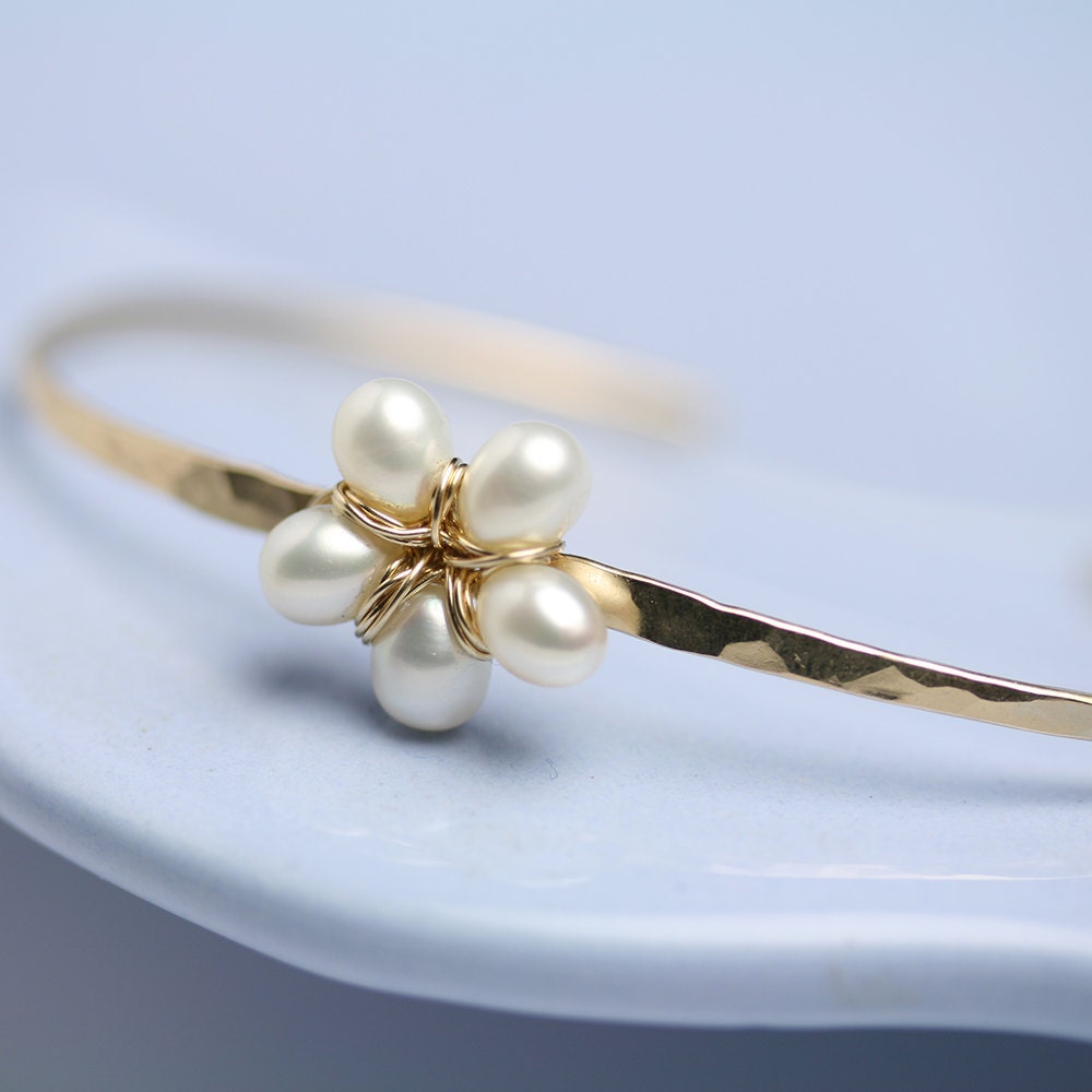 Pearl Flower Bangle Bracelet Gold Fill