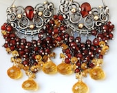 Royal Velvet - Fine/sterling silver,14k gold fill, garnet a nd golden citrine chandelier hoop earrings