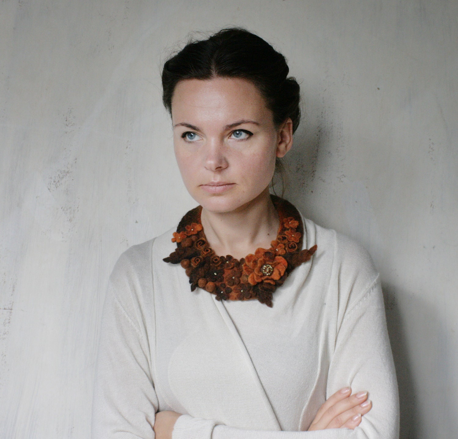 Frida Kahlo inspired Orange Meadow -- Felted Neck Piece -- made from wool