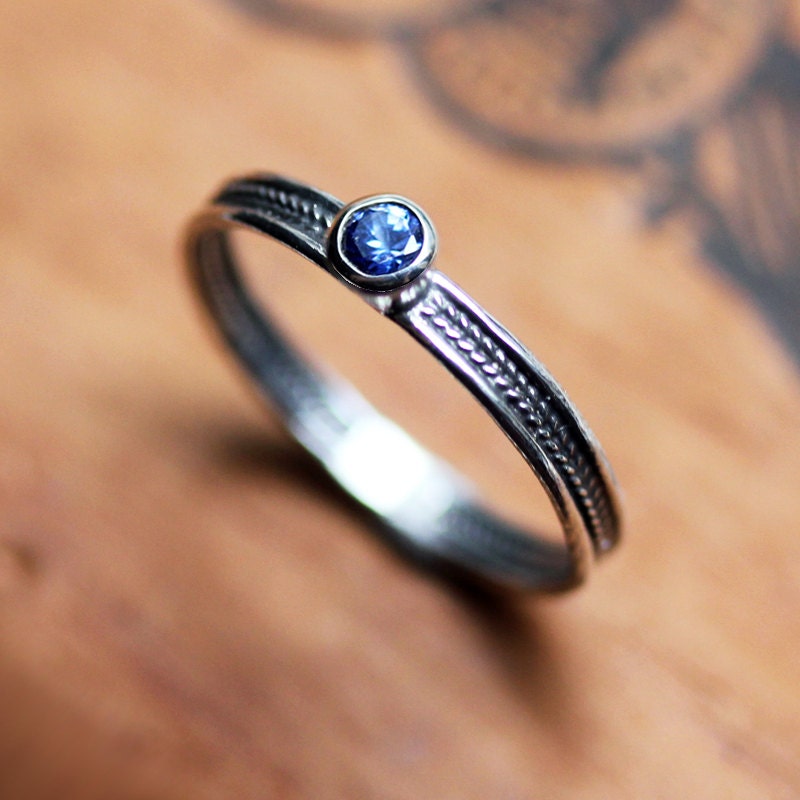 Blue sapphire ring - wheat band - oxidized sterling silver - stackable ring - september birthstone - made to order