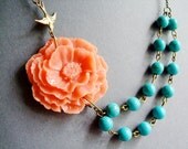 Bib Necklace,Poppy Necklace,Turquoise Necklace,Bridesmaid Jewelry,Coral Jewelry,Wedding Jewelry,Gift(Free matching earrings)