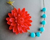 Gift,Flower Necklace,Red Jewelry,Bridesmaid Necklace,Statement Jewelry,Aqua Necklace,Stone Jewelry (Free matching earrings)