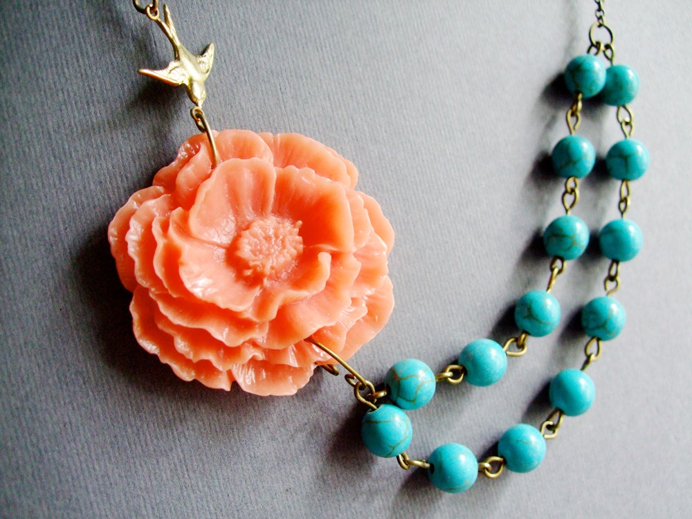 Bib Necklace,Poppy Necklace,Turquoise Necklace,Bridesmaid Jewelry,Coral Jewelry,Wedding Jewelry,Gift(Free matching earrings)