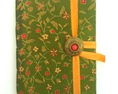 Personal Journal, Diary, Notebook, hand bound with lined paper for writing, Green fabric notebook with red flowers, art journal, memory book