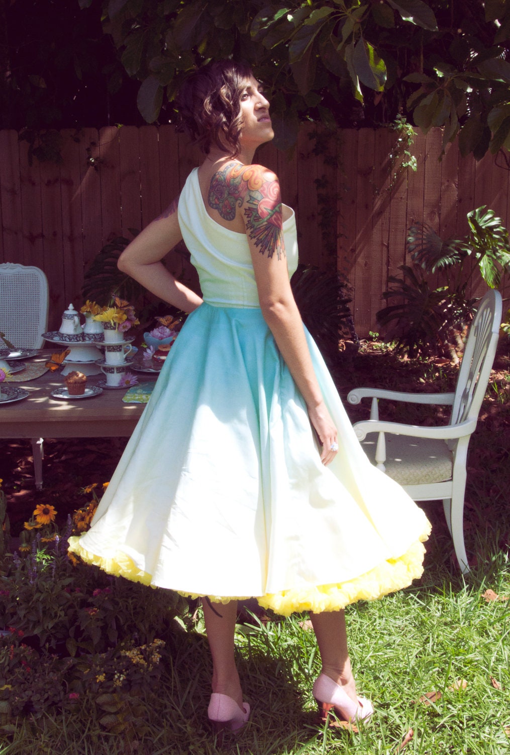 One Shoulder Aqua Ombre "Siren" Dress Tea Length ------------- Color can be customized ------ made to measure