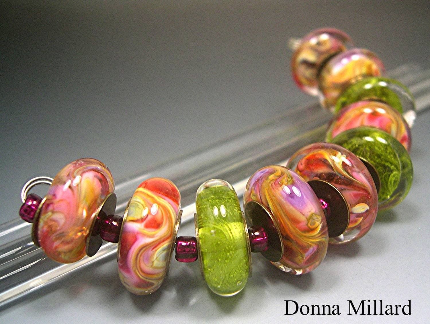 Handmade LAMPWORK Glass Bead Set DONNA MILLARD autumn winter orange green pink yellow orchid