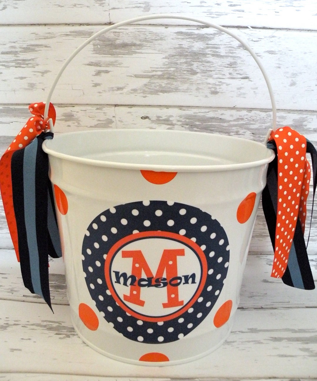 custom monogrammed preppy bucket in orange and navy blue - personalized