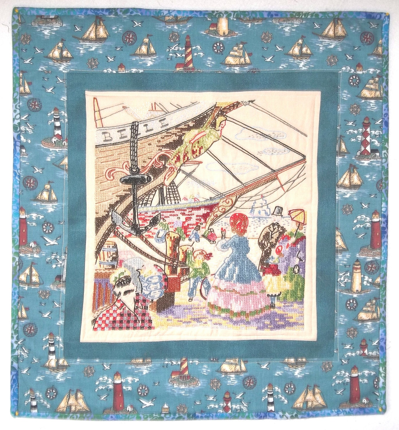 Patchwork, Vintage Embroidery, Antique Shipyard Wallhanging, Repurposed, Upcycle