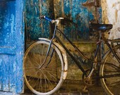 Moroccan Art Print - blue bicycle old door blue textured wall - 10x8 11x14 20x30 20x16 photographic wall art home decor photo
