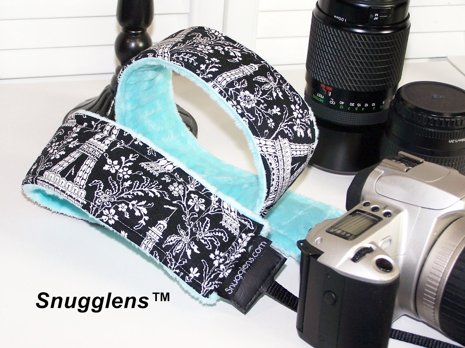 PreOrder camera strap padded black eiffel tower-tiffany blue minky reverse- -Snugglens